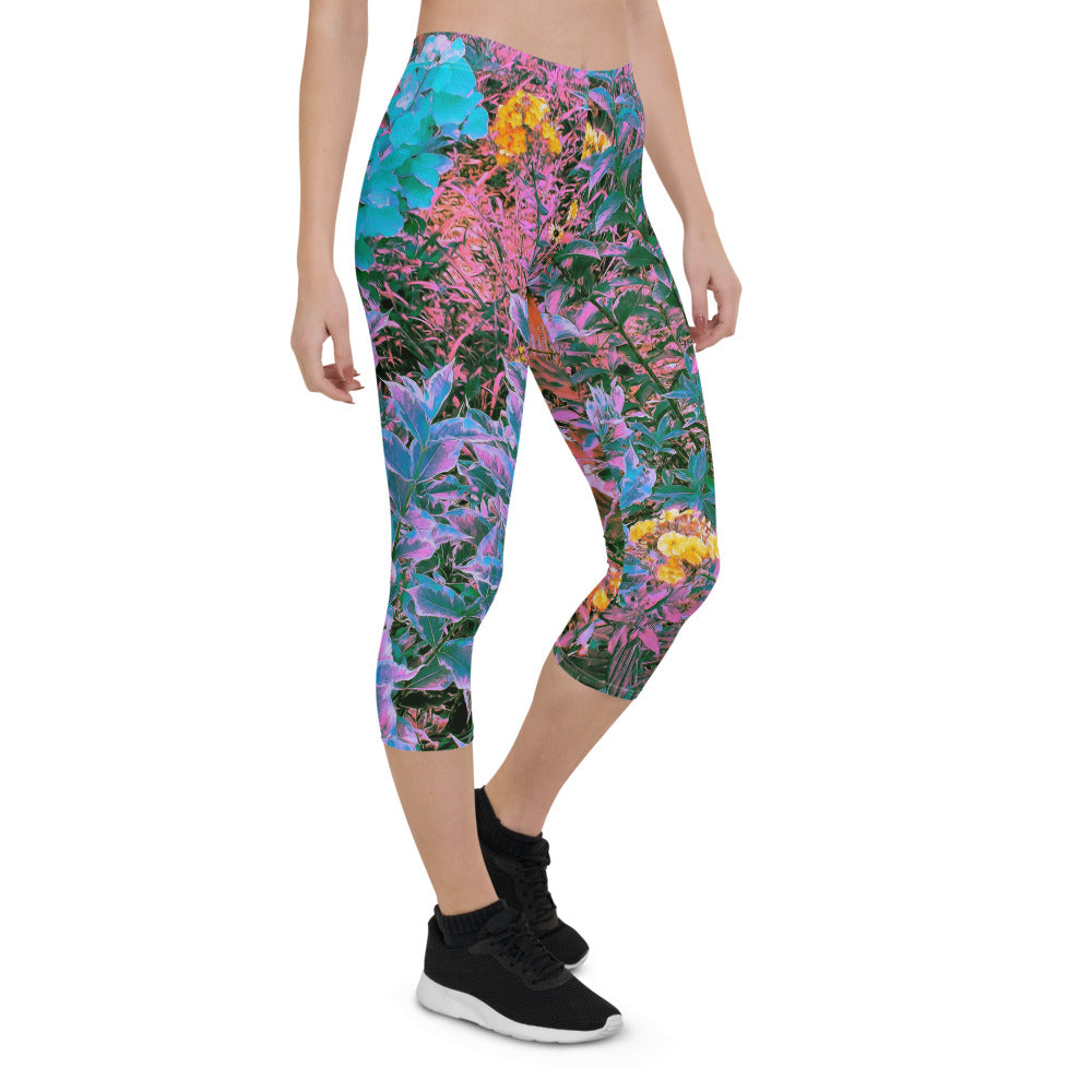 Capri Leggings for Women, Abstract Coral, Pink, Green and Aqua Garden Foliage