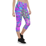 Capri Leggings for Women, Trippy Abstract Aqua, Lime Green and Purple Dahlia