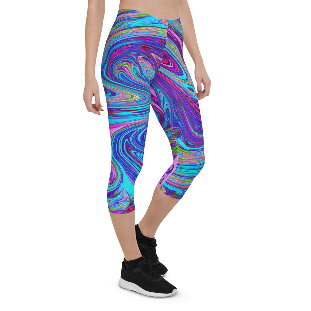 Capri Leggings for Women, Blue, Pink and Purple Groovy Abstract Retro Art