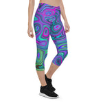 Capri Leggings for Women, Marbled Magenta and Lime Green Groovy Abstract Art