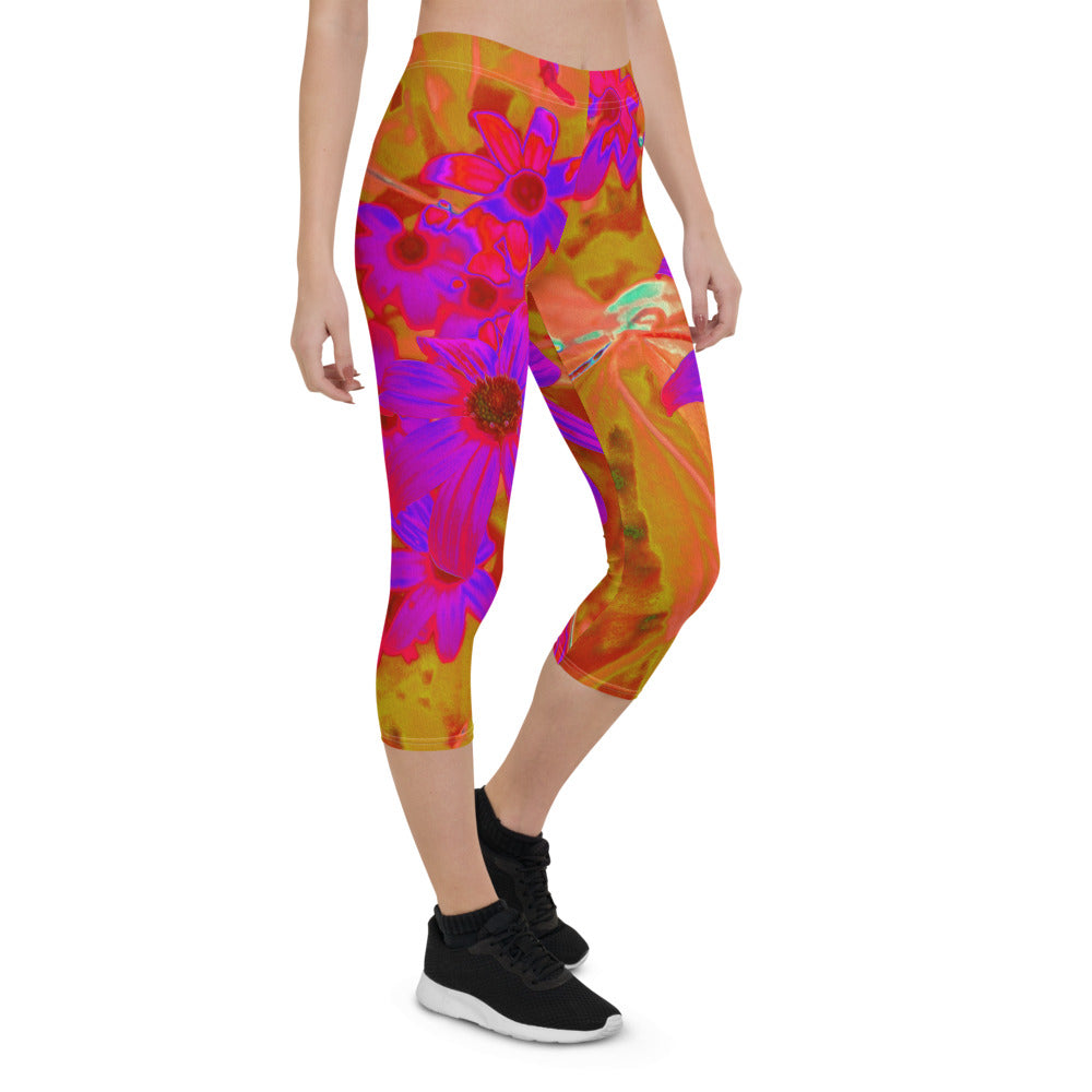 Capri Leggings for Women, Colorful Ultra-Violet, Magenta and Red Wildflowers