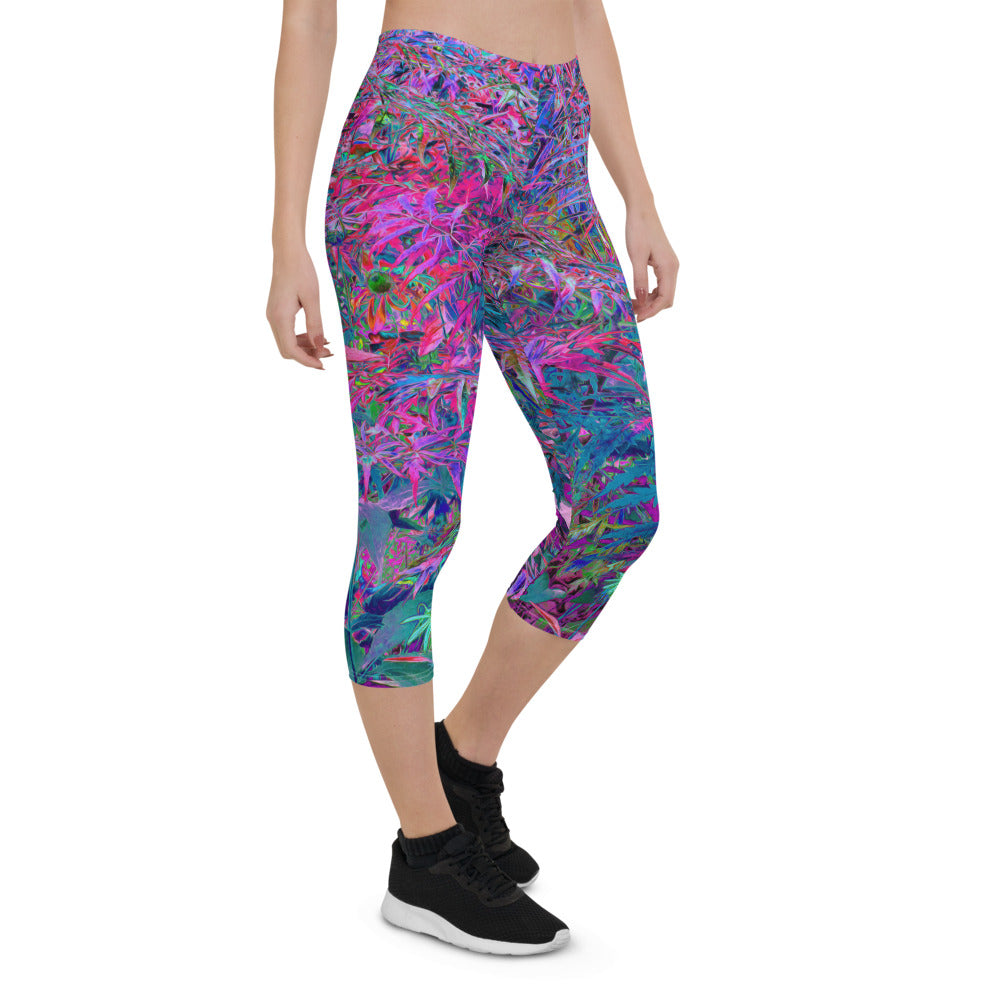 Capri Leggings for Women, Abstract Psychedelic Rainbow Colors Foliage Garden