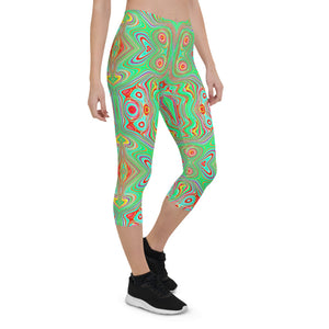 Capri Leggings for Women, Trippy Retro Orange and Lime Green Abstract Pattern