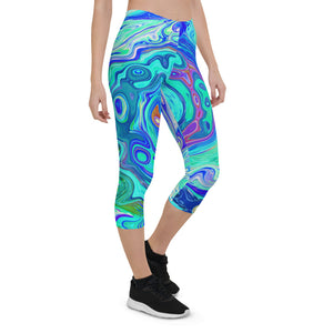 Capri Leggings for Women, Groovy Abstract Ocean Blue and Green Liquid Swirl