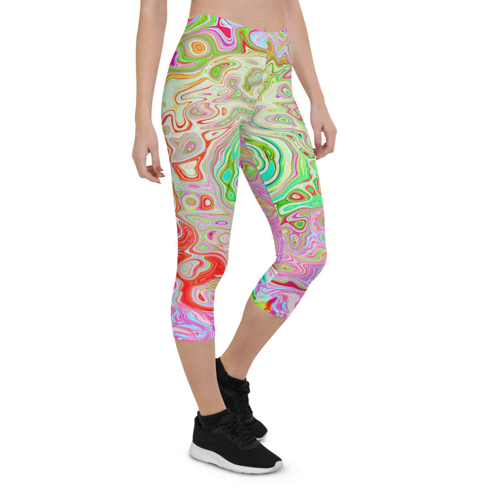 Capri Leggings for Women, Groovy Abstract Retro Pastel Green Liquid Swirl