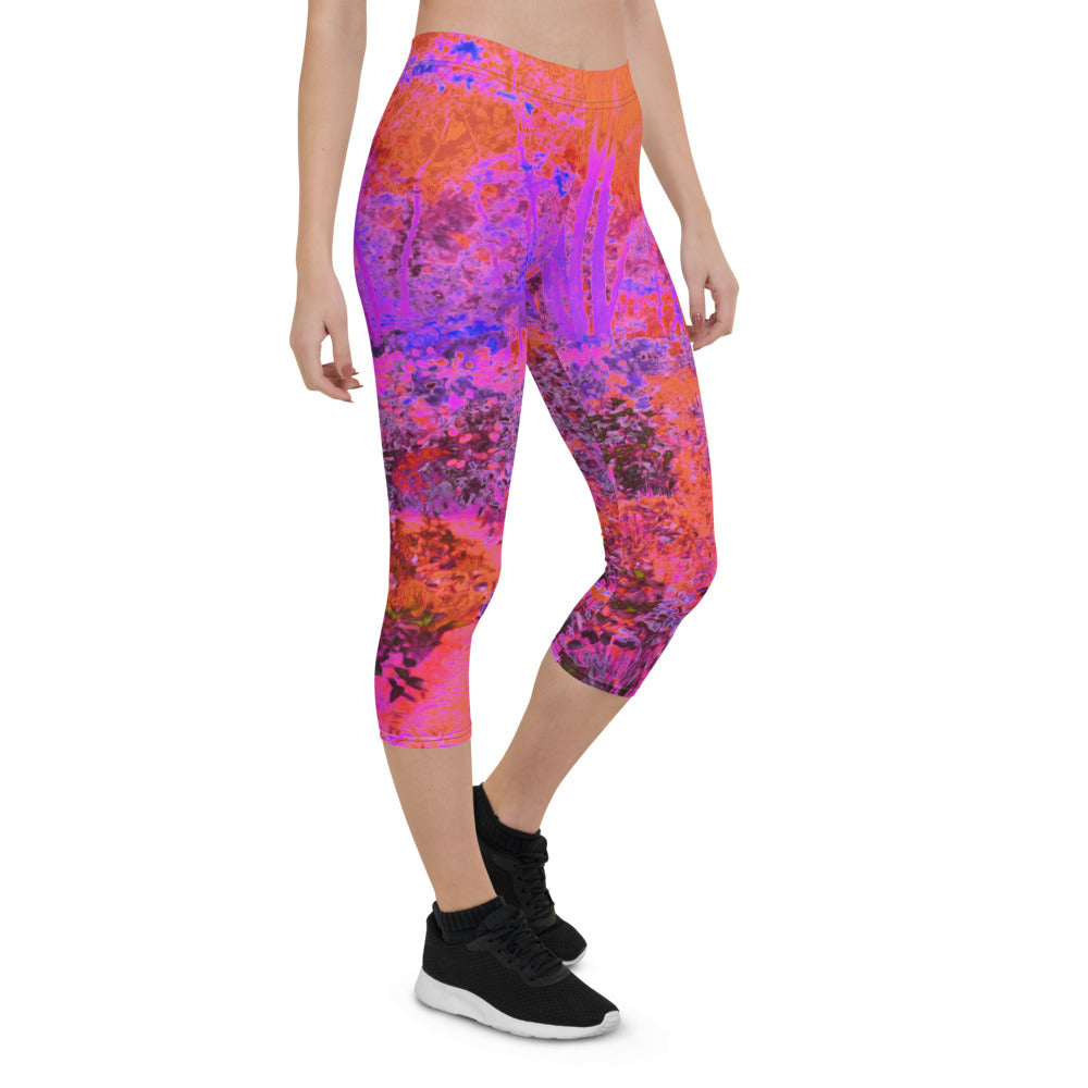 Capri Leggings for Women, Trippy Magenta and Orange Impressionistic Garden