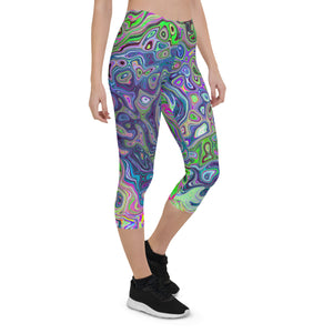 Capri Leggings for Women, Marbled Lime Green and Purple Abstract Retro Swirl