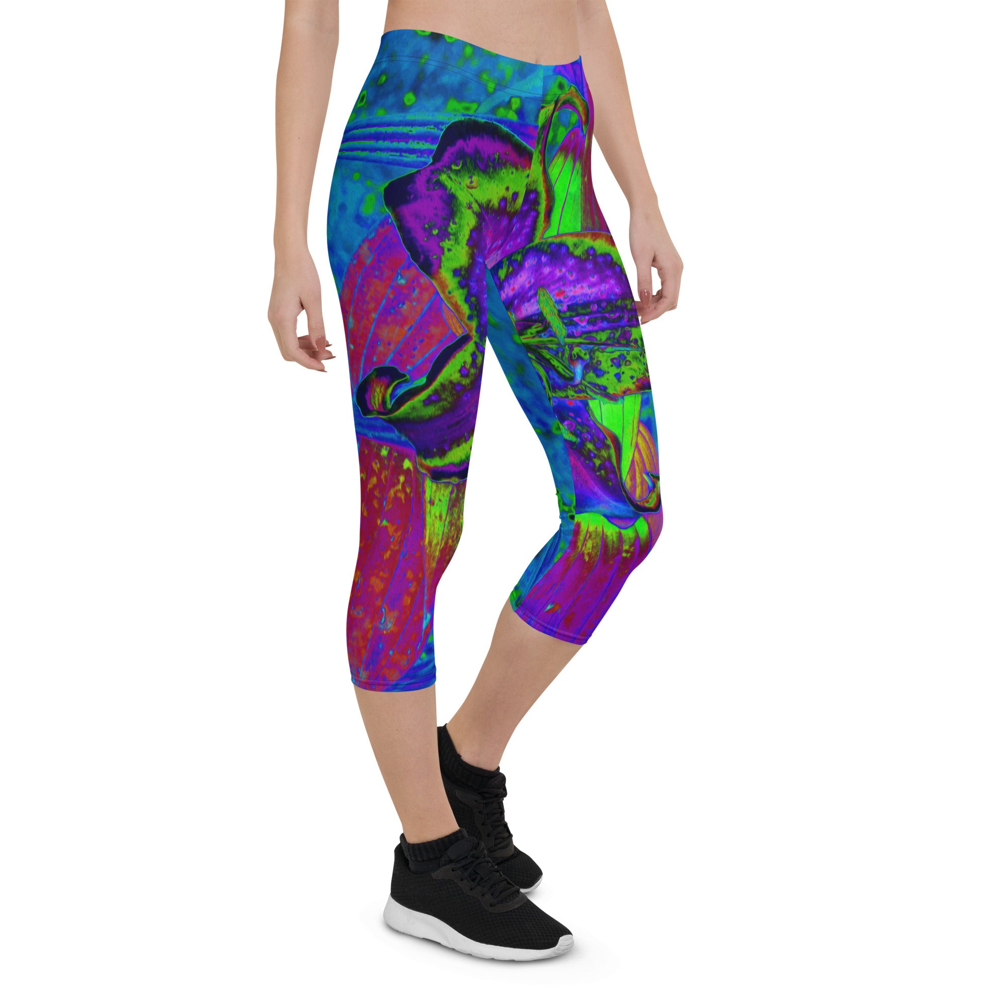 Capri Leggings For Women, Psychedelic Purple and Lime Green Lily Flower