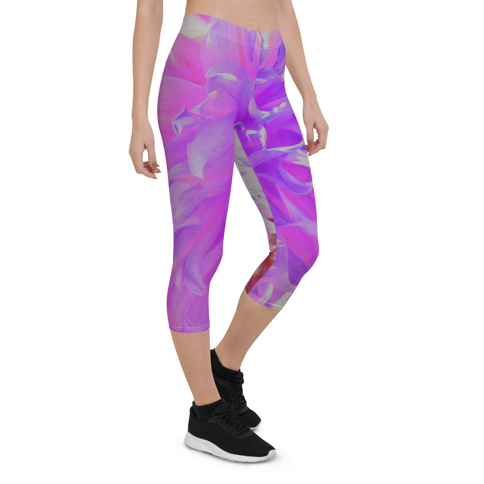 Capri Leggings for Women, Elegant Ultra-Violet Decorative Dahlia Flower