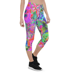 Capri Leggings for Women, Trippy Psychedelic Hot Pink and Purple Flowers