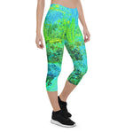 Capri Leggings for Women, Trippy Lime Green and Blue Impressionistic Landscape