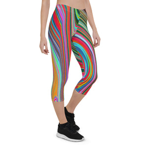 Capri Leggings for Women, Trippy Red, Green and Blue Abstract Groovy Art