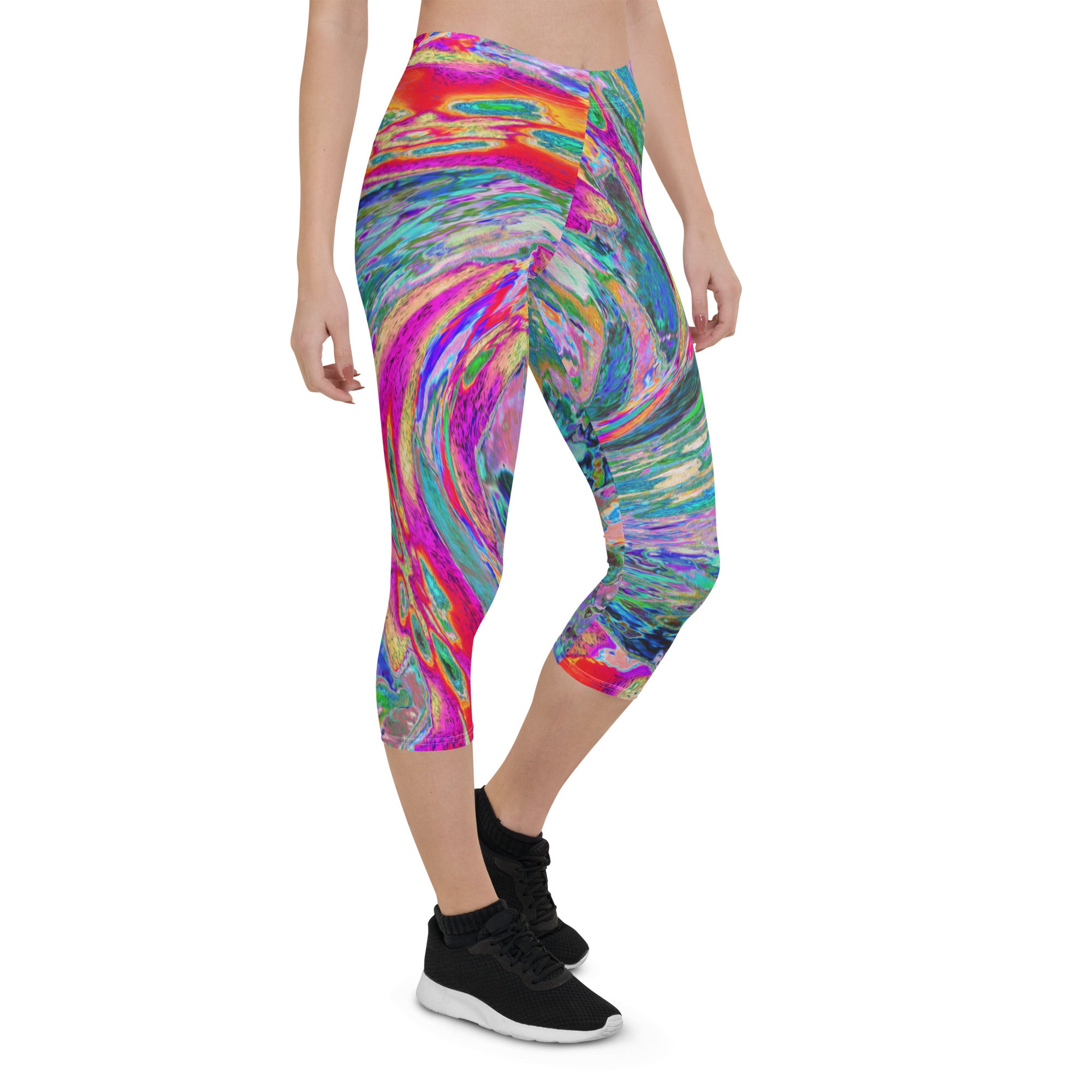 Capri Leggings for Women, Abstract Floral Psychedelic Rainbow Waves of Color