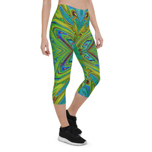 Capri Leggings, Trippy Chartreuse and Blue Abstract Butterfly
