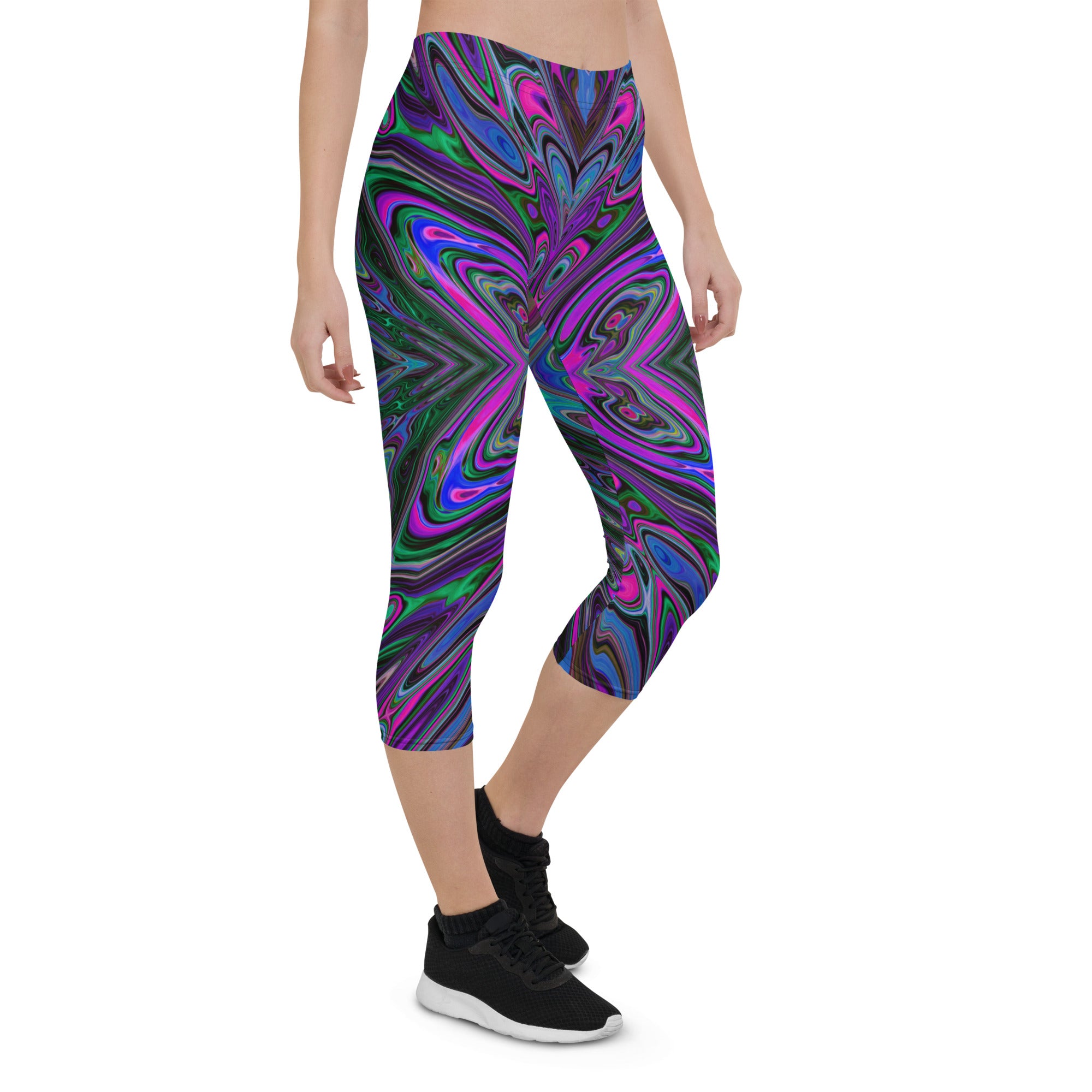 Capri Leggings, Trippy Magenta, Blue and Green Abstract Butterfly