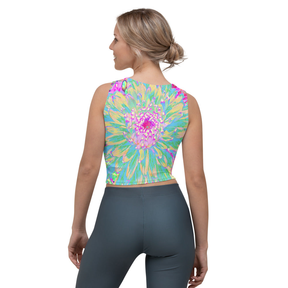 Cropped Tank Tops for Women, Decorative Teal Green and Hot Pink Dahlia Flower