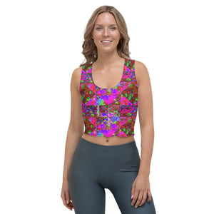 Colorful Cropped Tank Top, Trippy Garden Quilt Painting with Lime Green Hydrangea