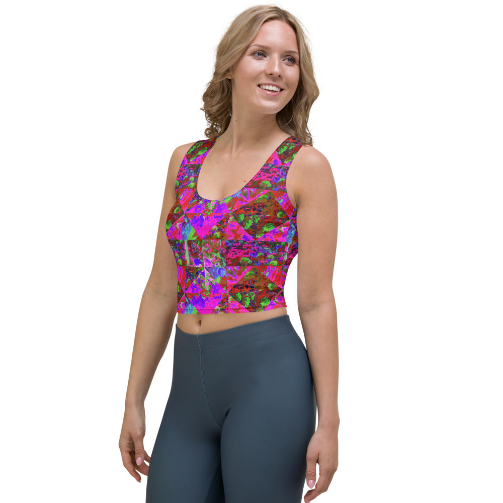 Colorful Cropped Tank Top, Trippy Garden Quilt Painting with Lime Green Hydrangea