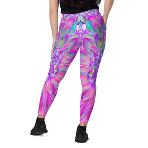 Crossover Leggings, Cool Pink Blue and Purple Artsy Dahlia Bloom