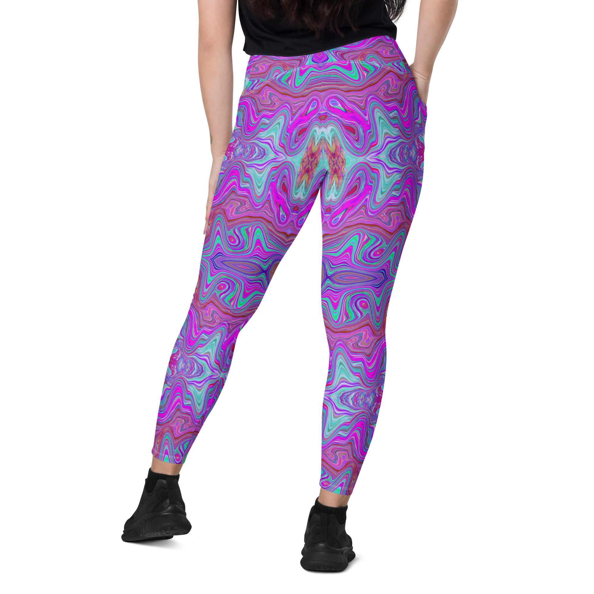 Crossover Leggings, Wavy Magenta and Blue Trippy Marbled Pattern