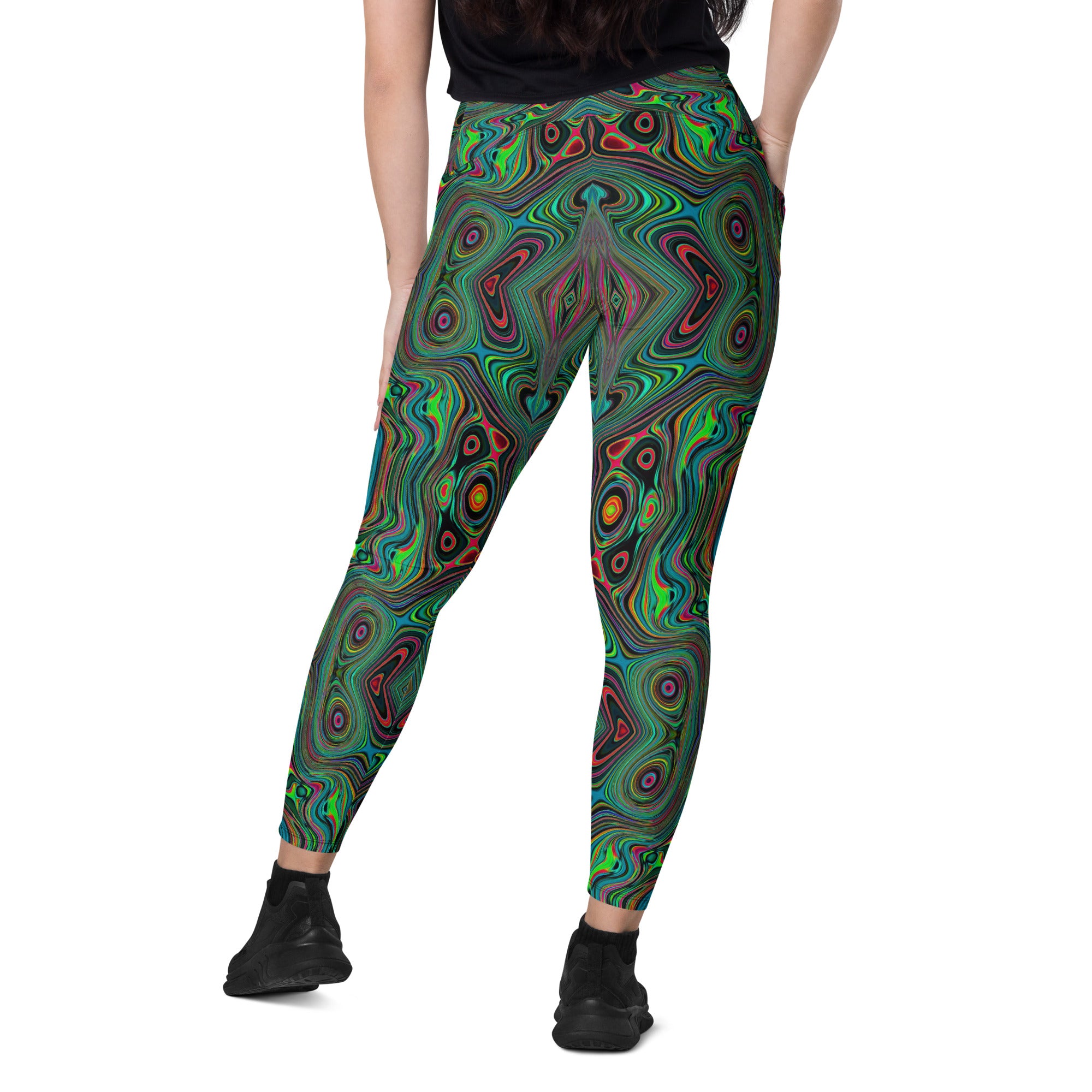 Crossover Leggings, Trippy Retro Black and Lime Green Abstract Pattern