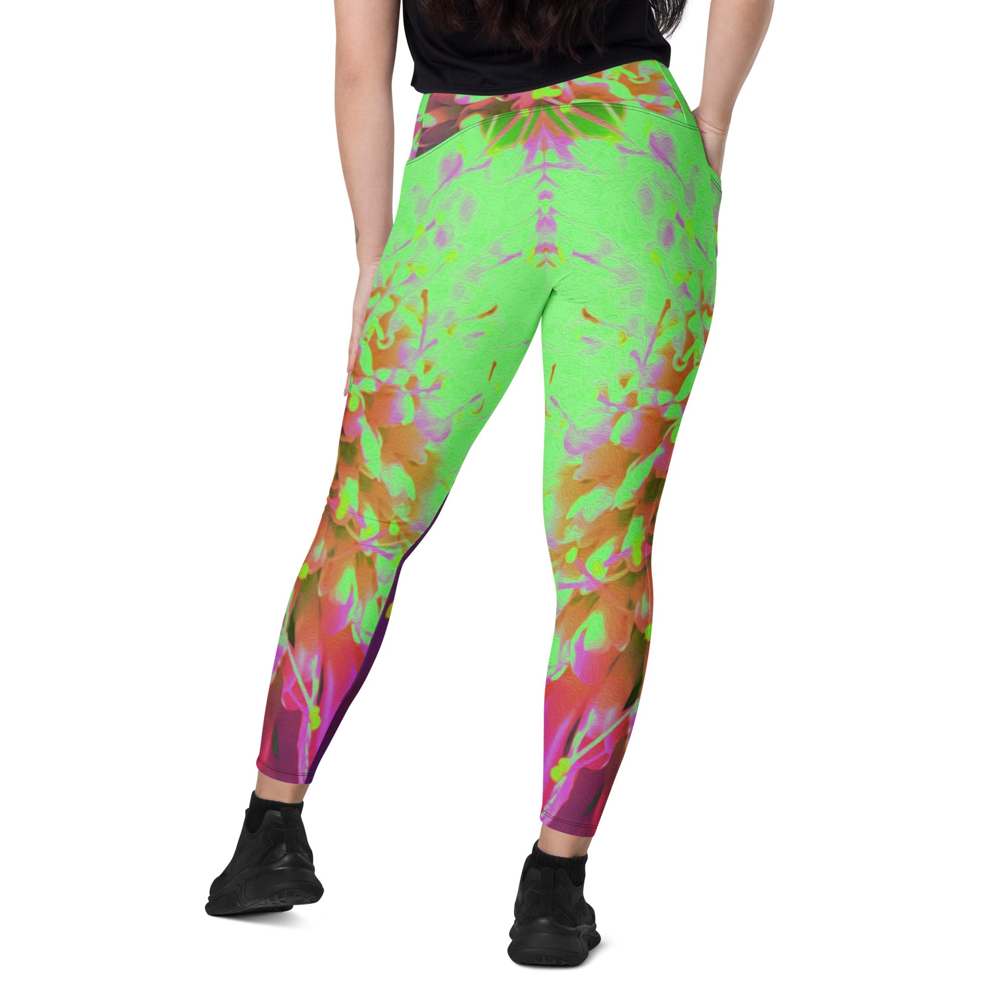 Crossover Leggings, Abstract Pincushion Flower in Lime Green and Purple