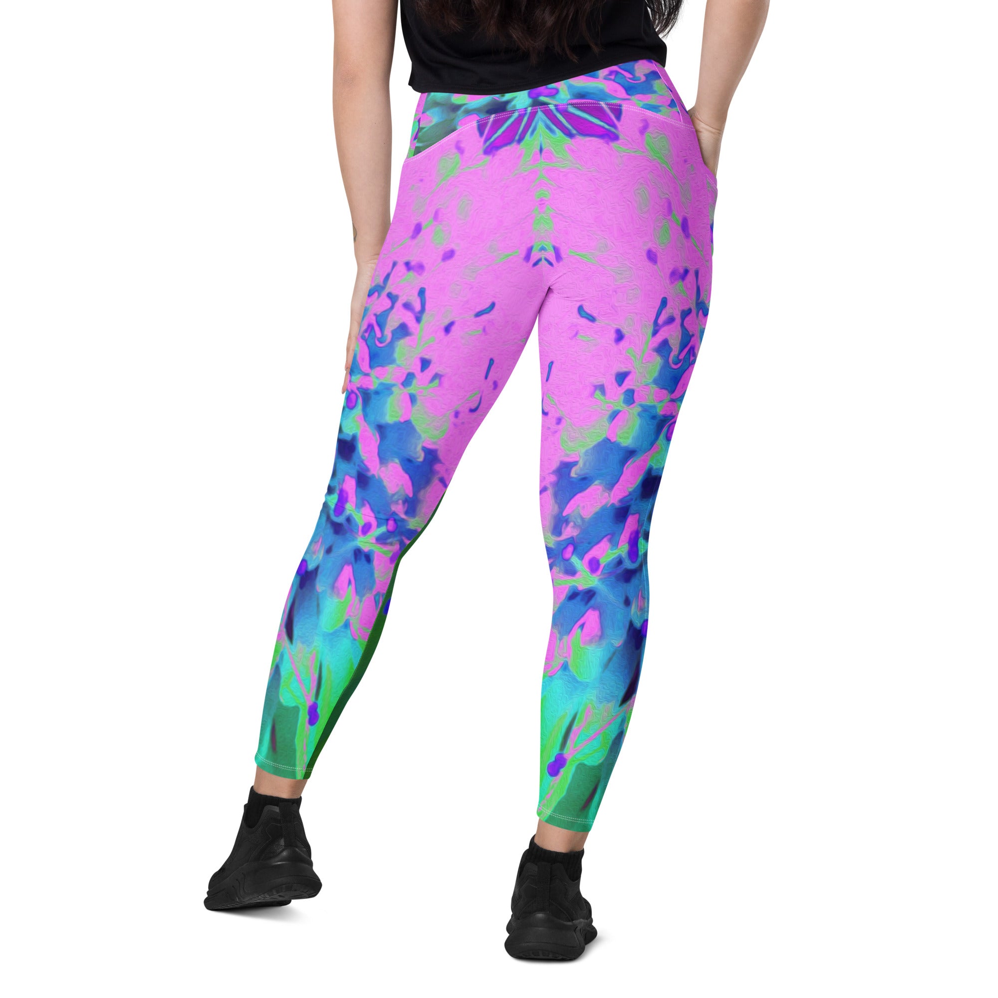 Crossover Leggings, Abstract Pincushion Flower in Pink Blue and Green