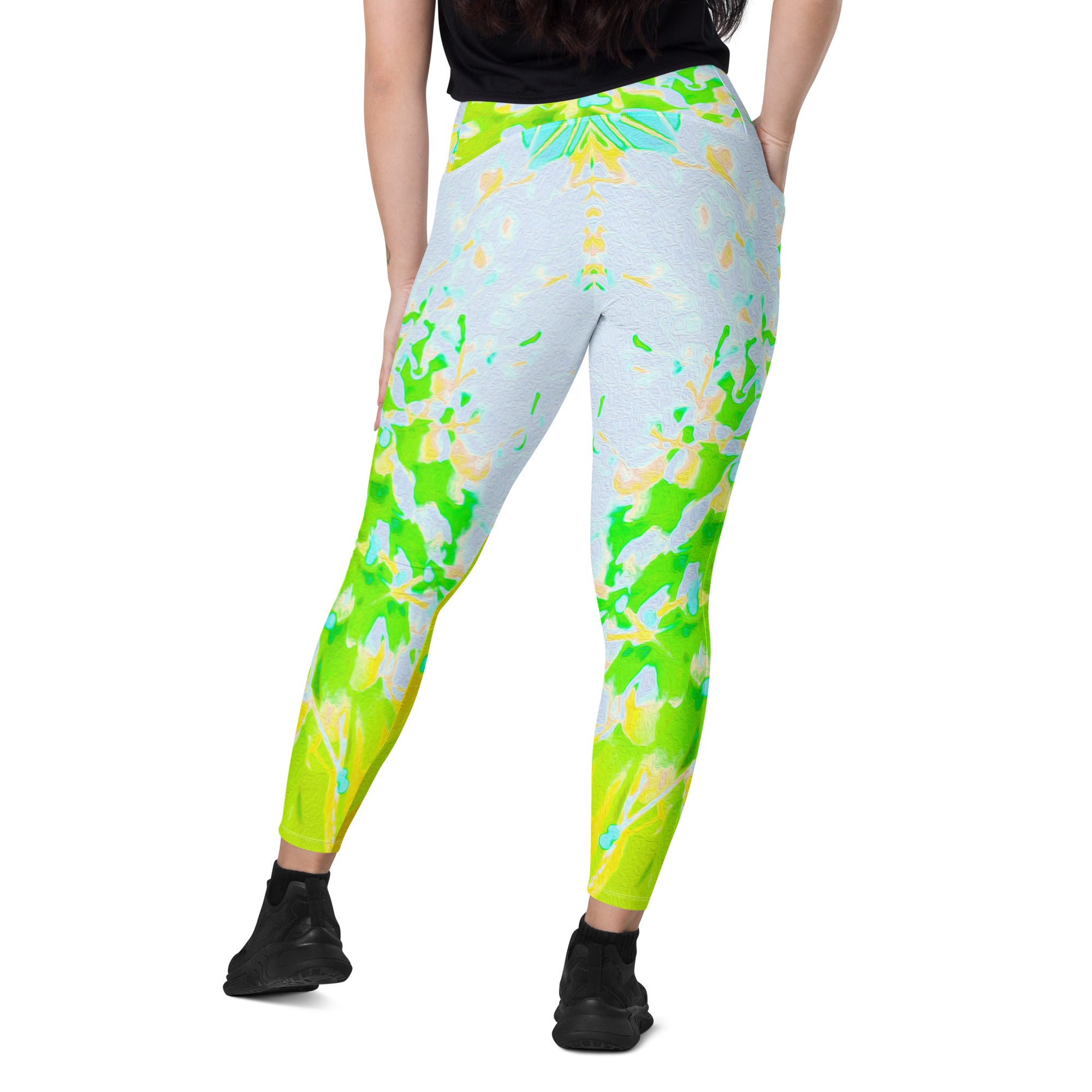 Crossover Leggings, Abstract Pincushion Flower in Yellow and Green