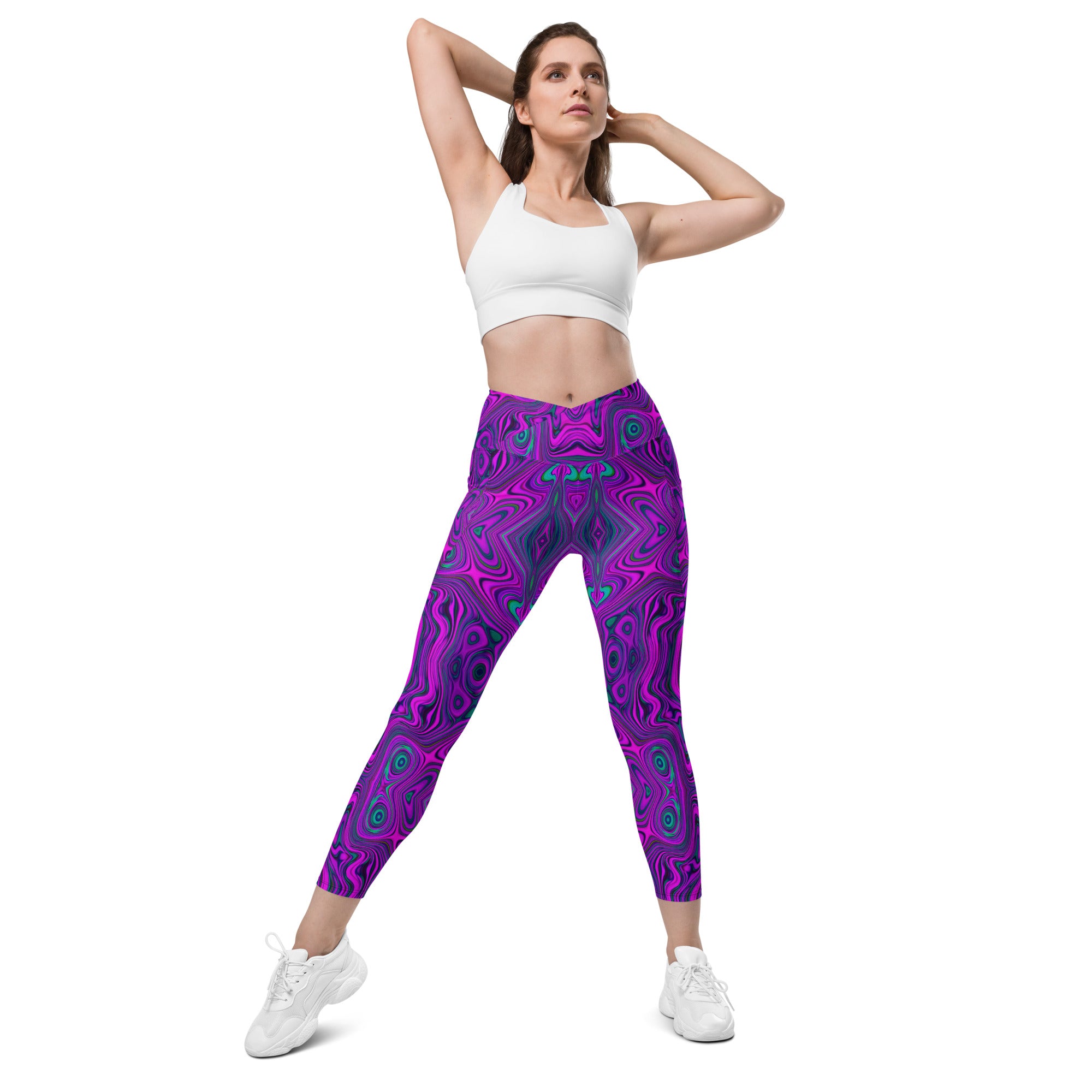 Crossover Leggings, Trippy Retro Magenta and Black Abstract Pattern