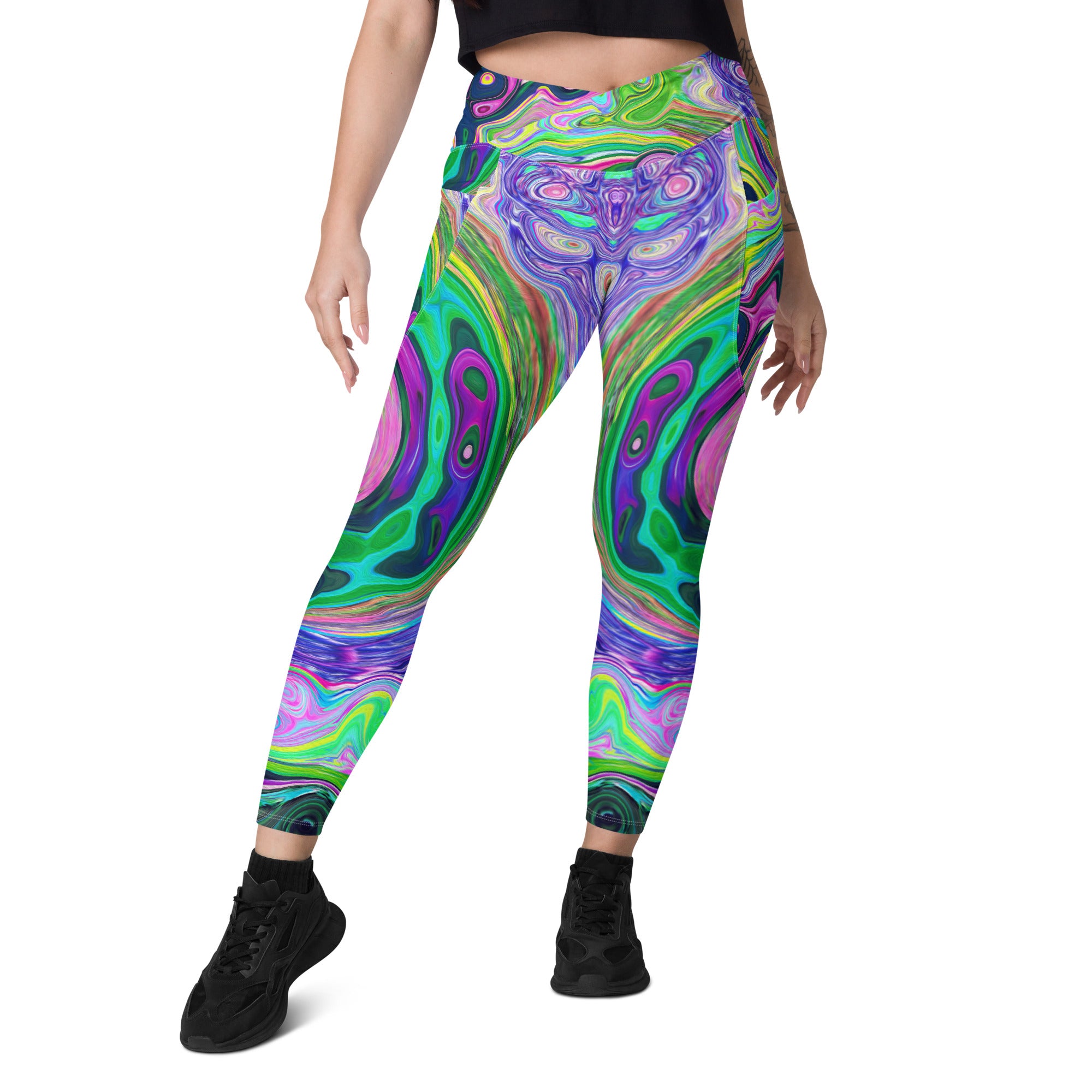 Crossover Leggings, Groovy Abstract Aqua and Navy Lava Swirl
