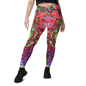 Crossover Leggings, Watercolor Red Groovy Abstract Retro Liquid Swirl