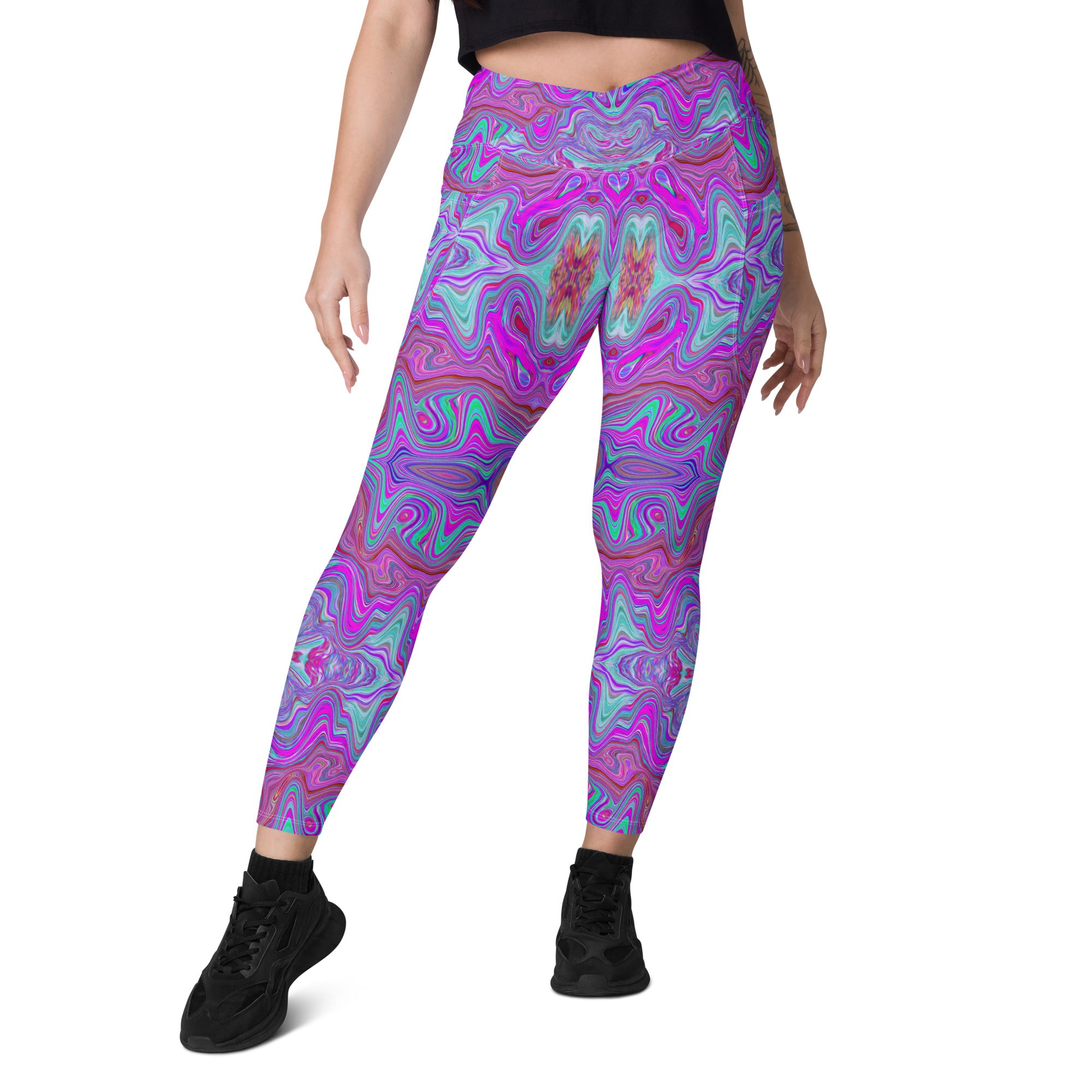 Crossover Leggings, Wavy Magenta and Blue Trippy Marbled Pattern