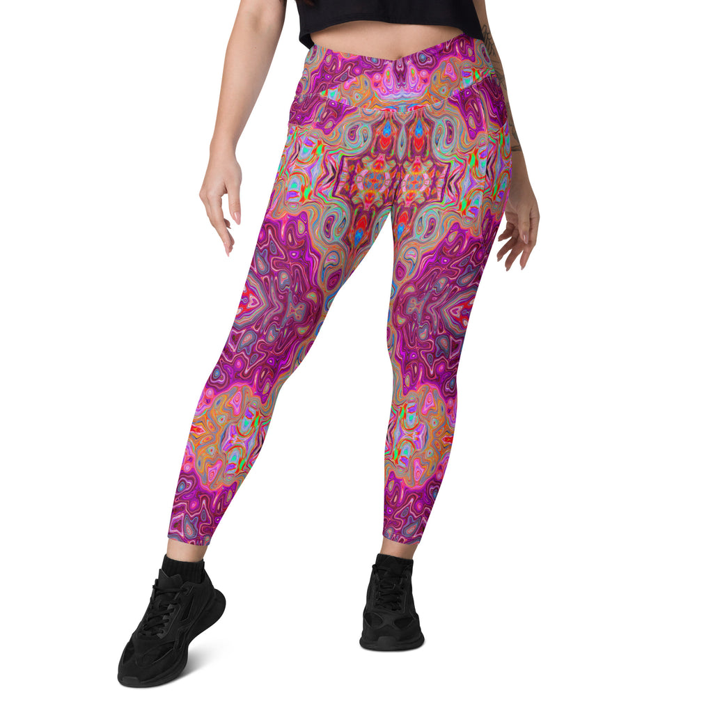 Crossover Leggings, Abstract Magenta, Pink, Blue and Red Groovy Pattern