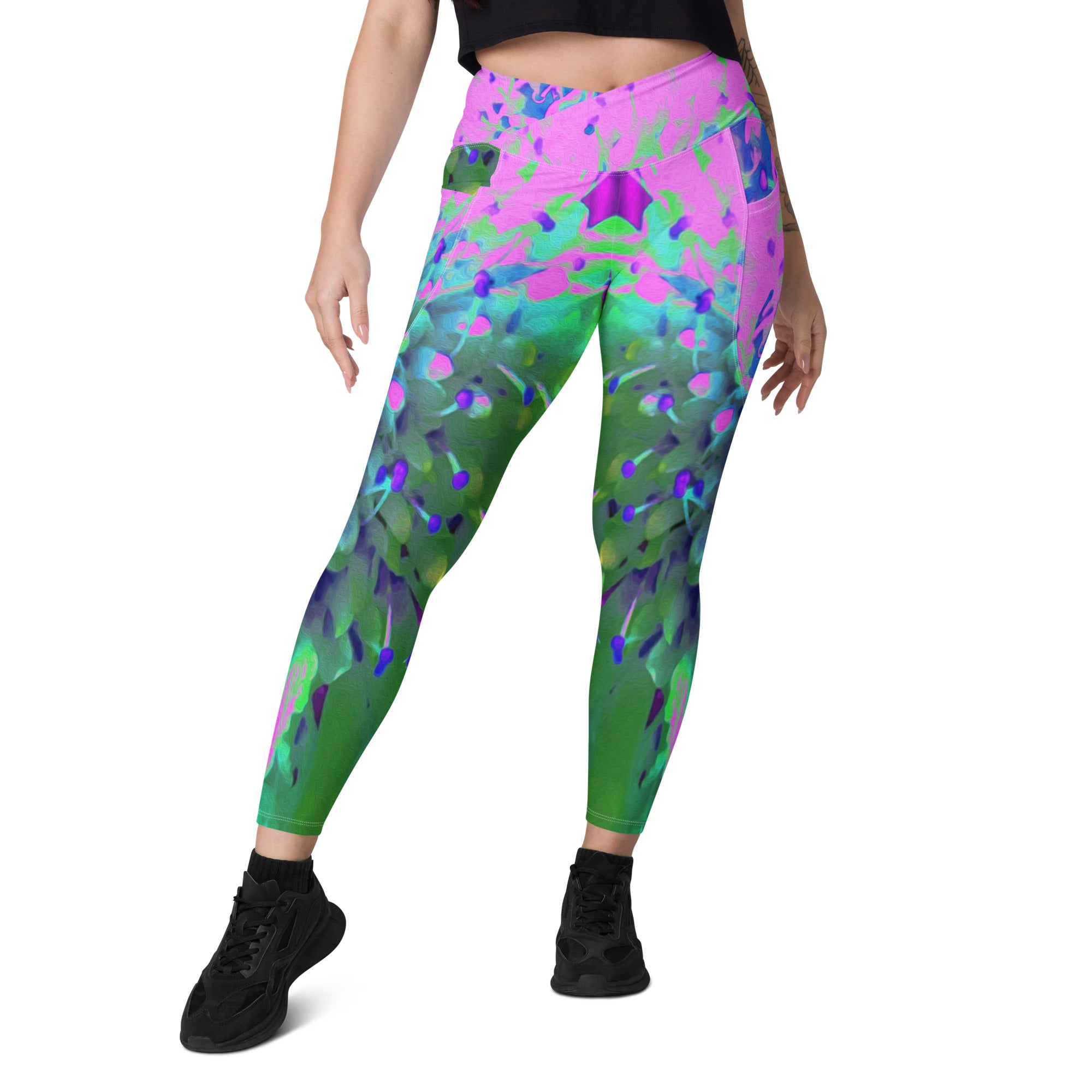 Crossover Leggings, Abstract Pincushion Flower in Pink Blue and Green