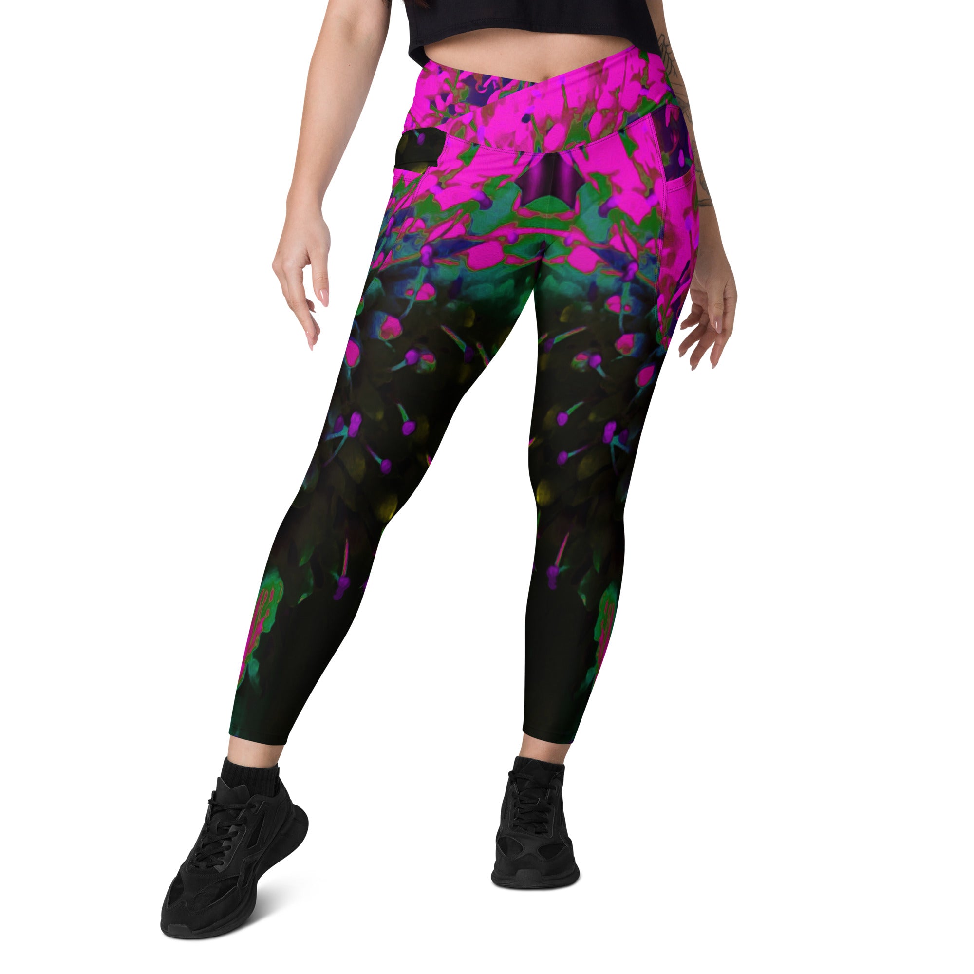 Crossover Leggings, Trippy Abstract Retro Hot Pink and Black Flower