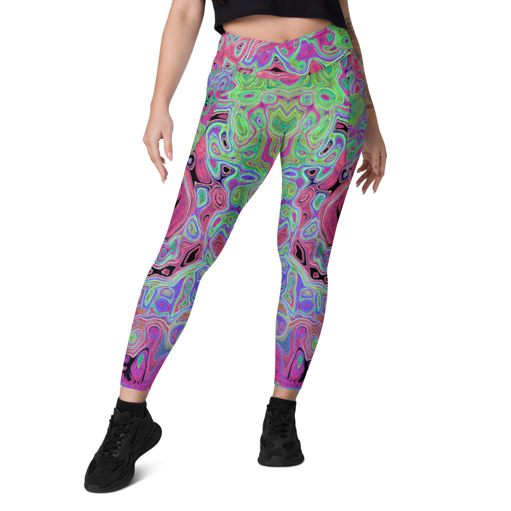 Crossover Leggings - Pink and Lime Green Groovy Abstract Retro Swirl