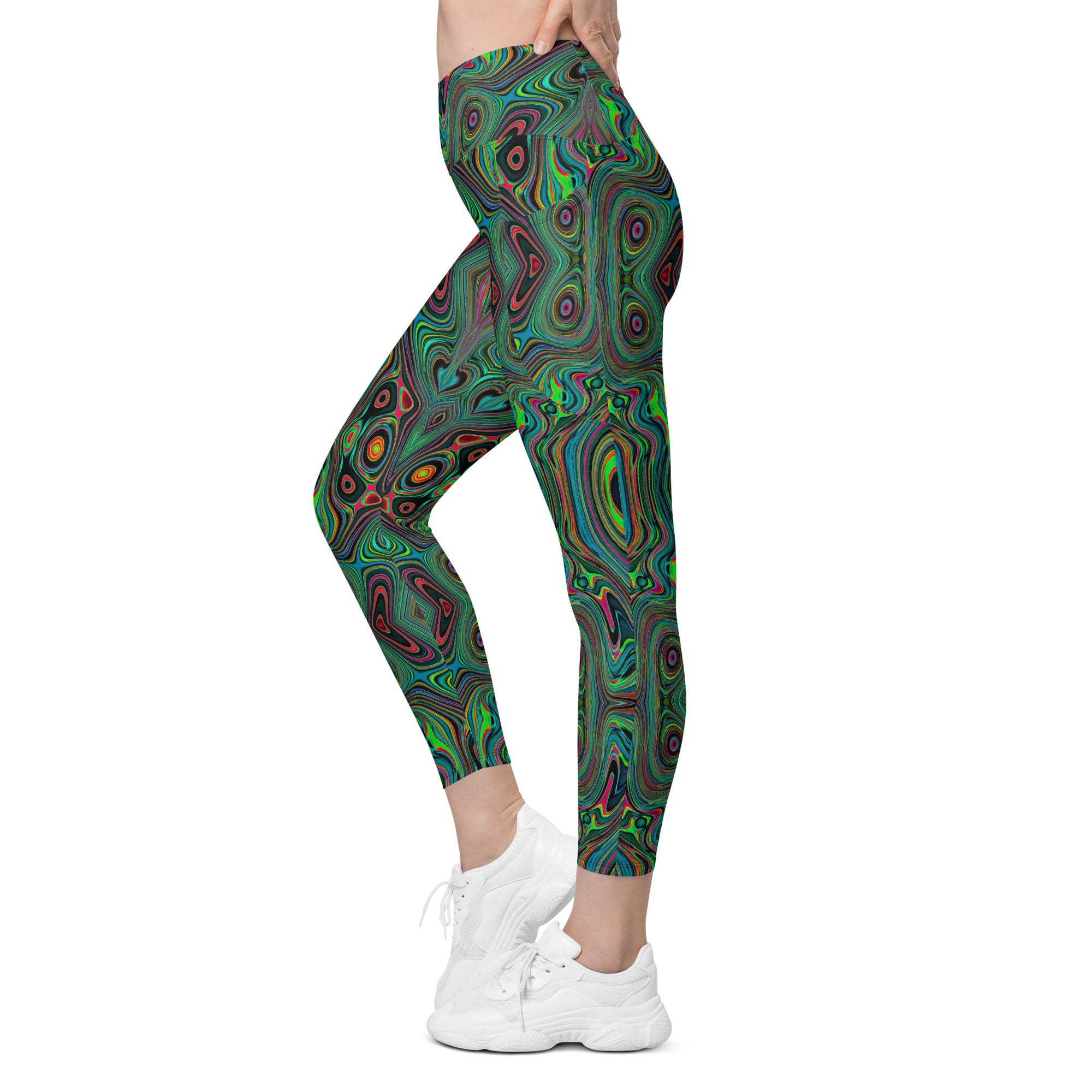 Crossover Leggings, Trippy Retro Black and Lime Green Abstract Pattern