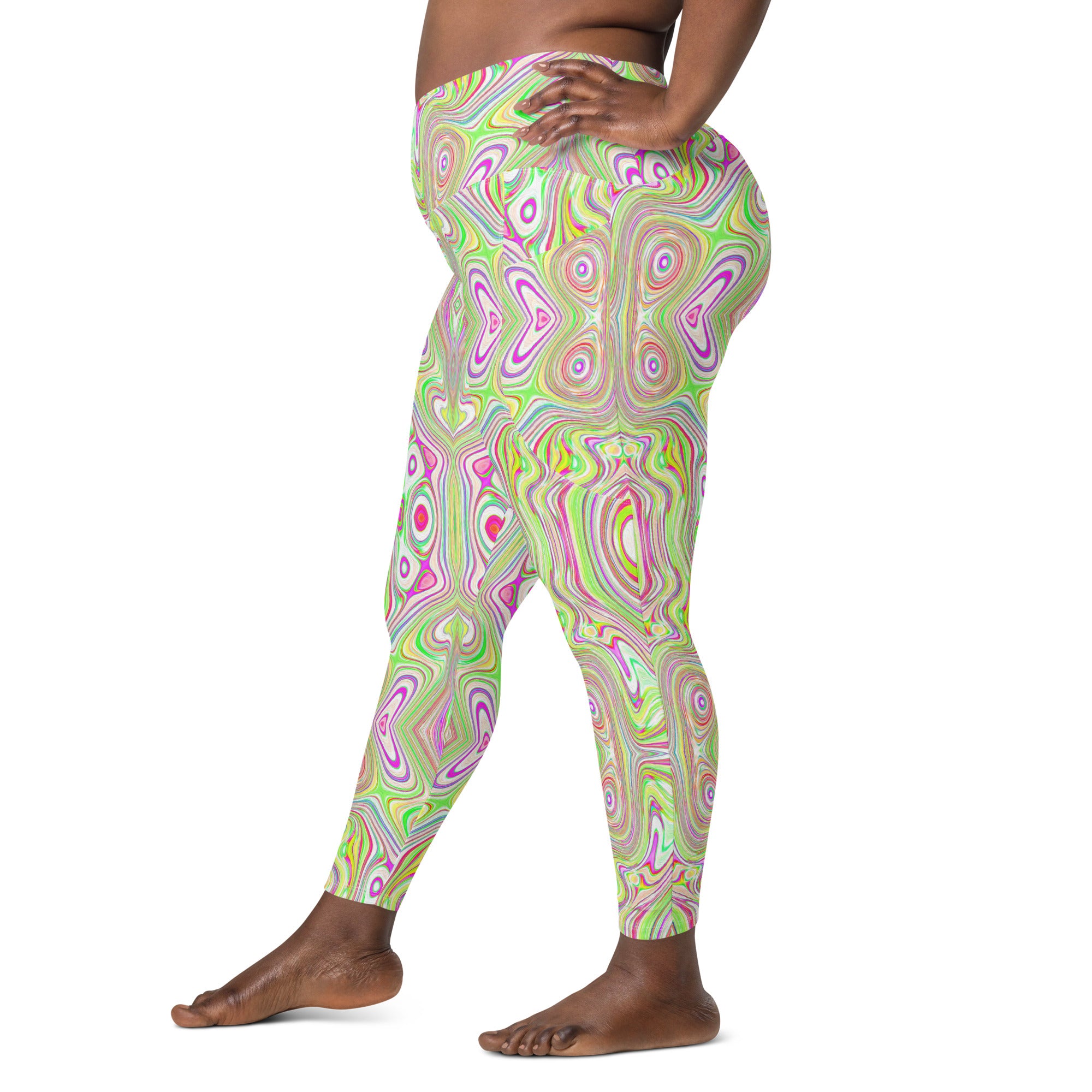 Crossover Leggings, Trippy Retro Pink and Lime Green Abstract Pattern