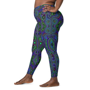 Crossover Leggings, Trippy Retro Royal Blue and Lime Green Abstract