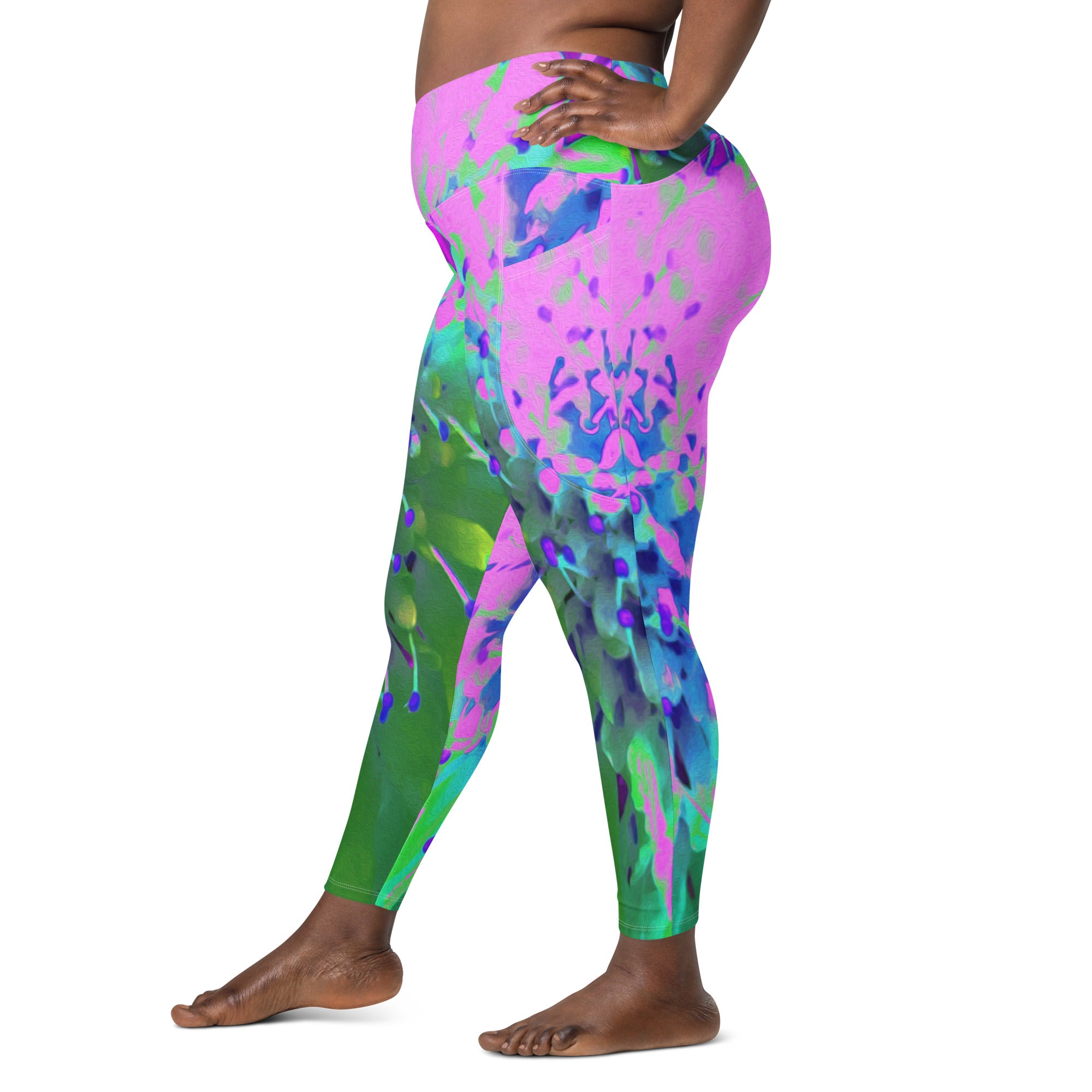 Crossover Leggings, Abstract Pincushion Flower in Pink Blue and Green