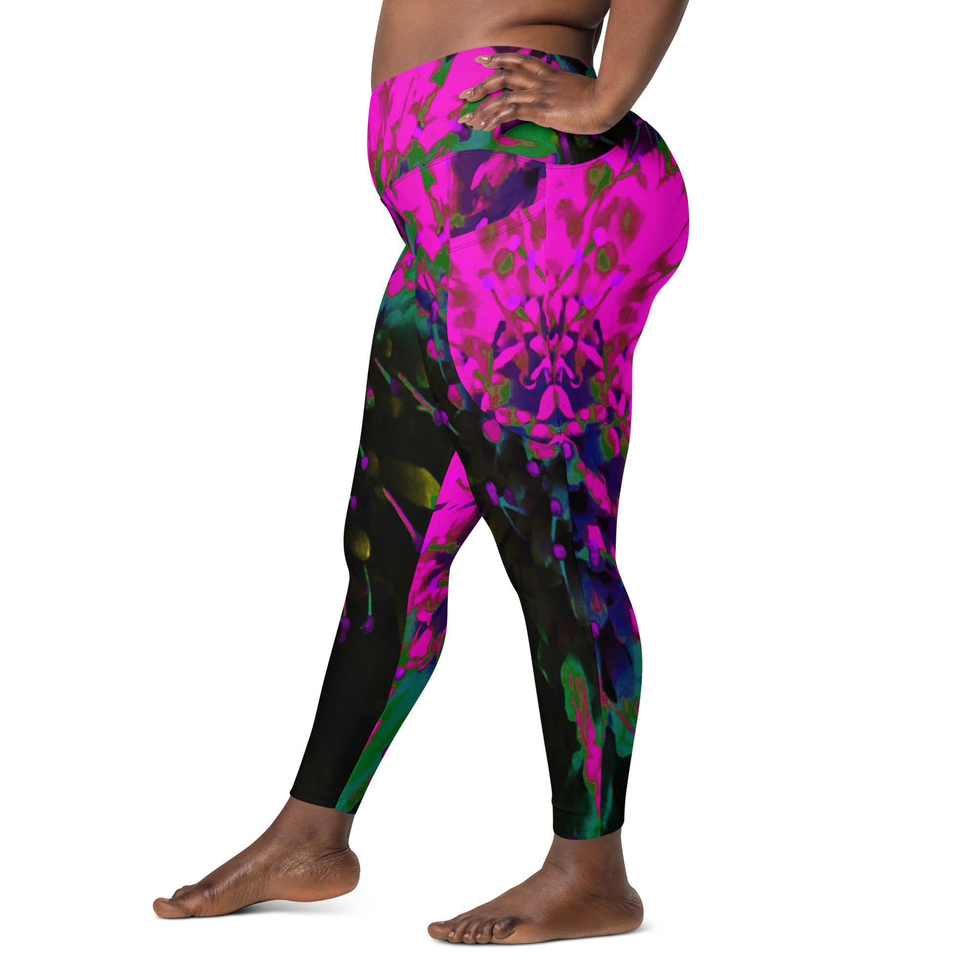 Crossover Leggings, Trippy Abstract Retro Hot Pink and Black Flower