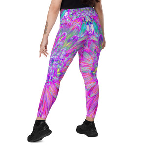 Crossover Leggings, Cool Pink Blue and Purple Artsy Dahlia Bloom