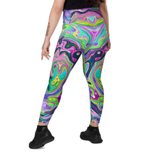 Crossover Leggings, Groovy Abstract Aqua and Navy Lava Swirl
