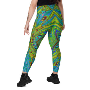 Crossover Leggings, Trippy Chartreuse and Blue Abstract Butterfly