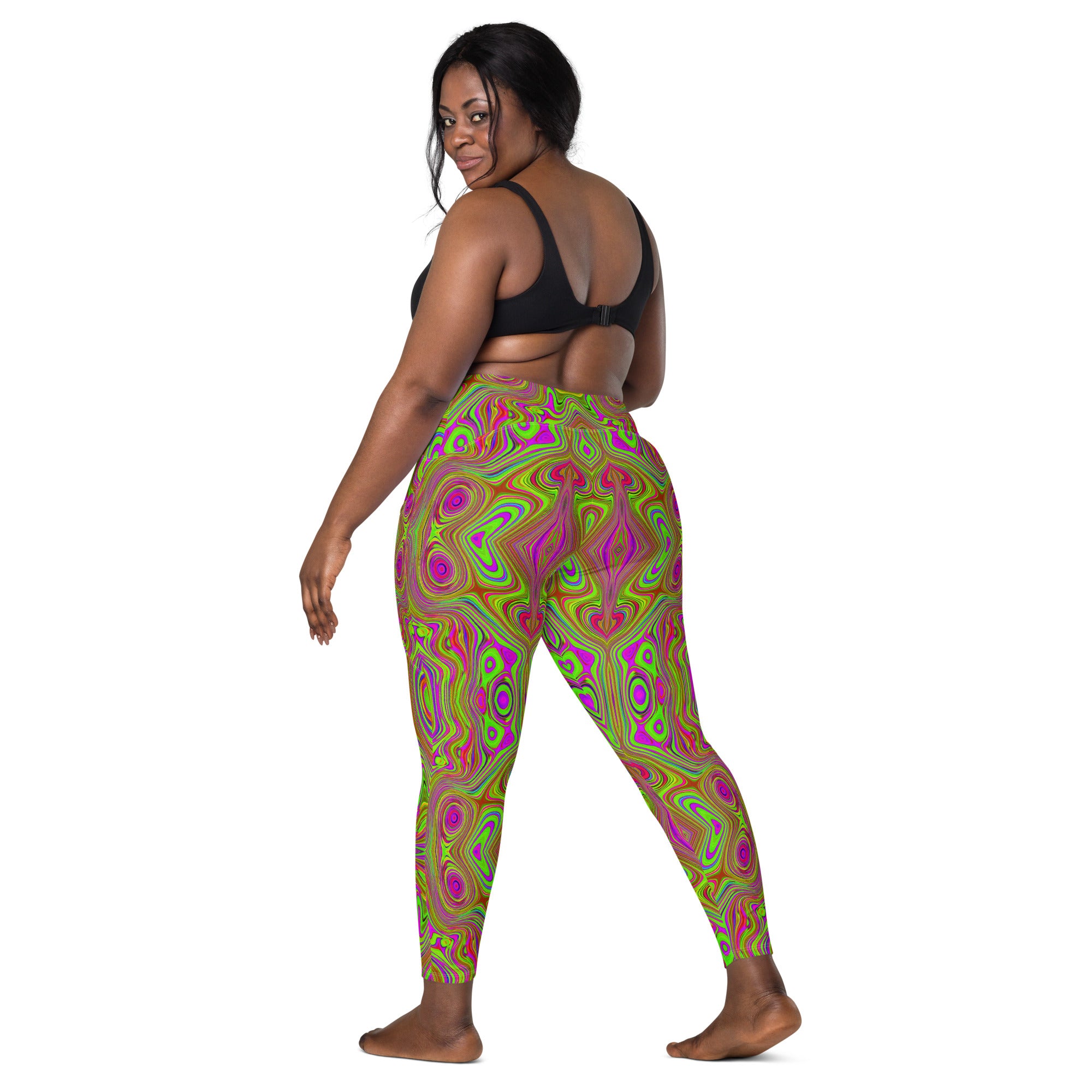 Crossover Leggings, Trippy Retro Chartreuse Magenta Abstract Pattern