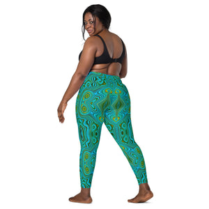 Crossover Leggings, Trippy Retro Turquoise Chartreuse Abstract Pattern