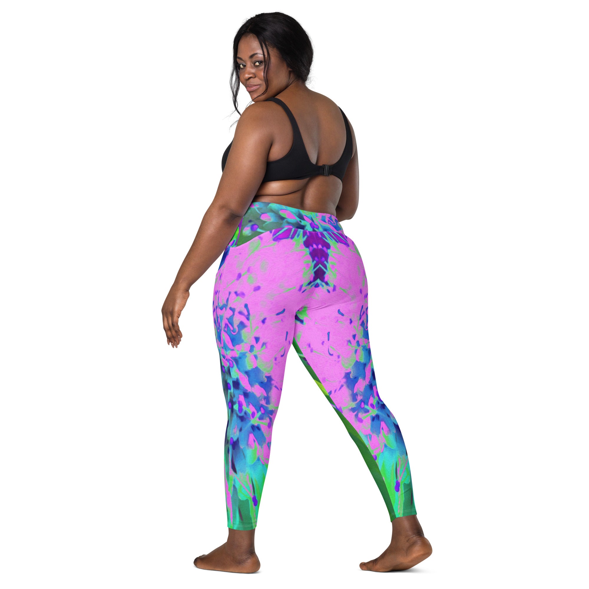 Crossover Leggings, Abstract Pincushion Flower in Pink Blue and Green