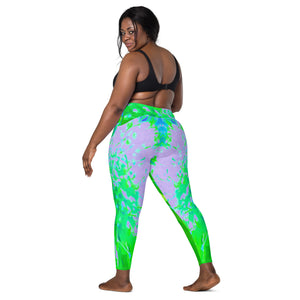 Crossover Leggings, Abstract Pincushion Flower in Lavender and Green