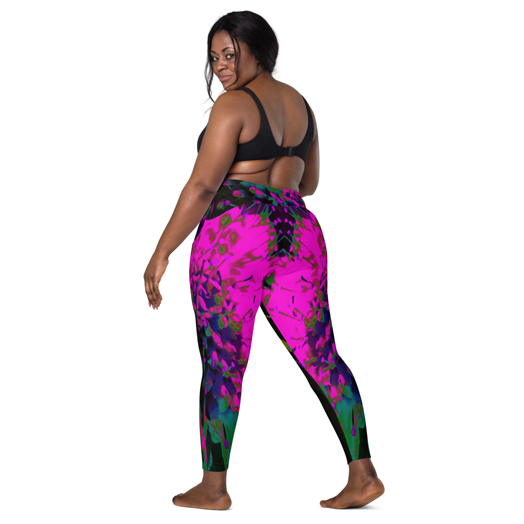 Crossover Leggings, Trippy Abstract Retro Hot Pink and Black Flower