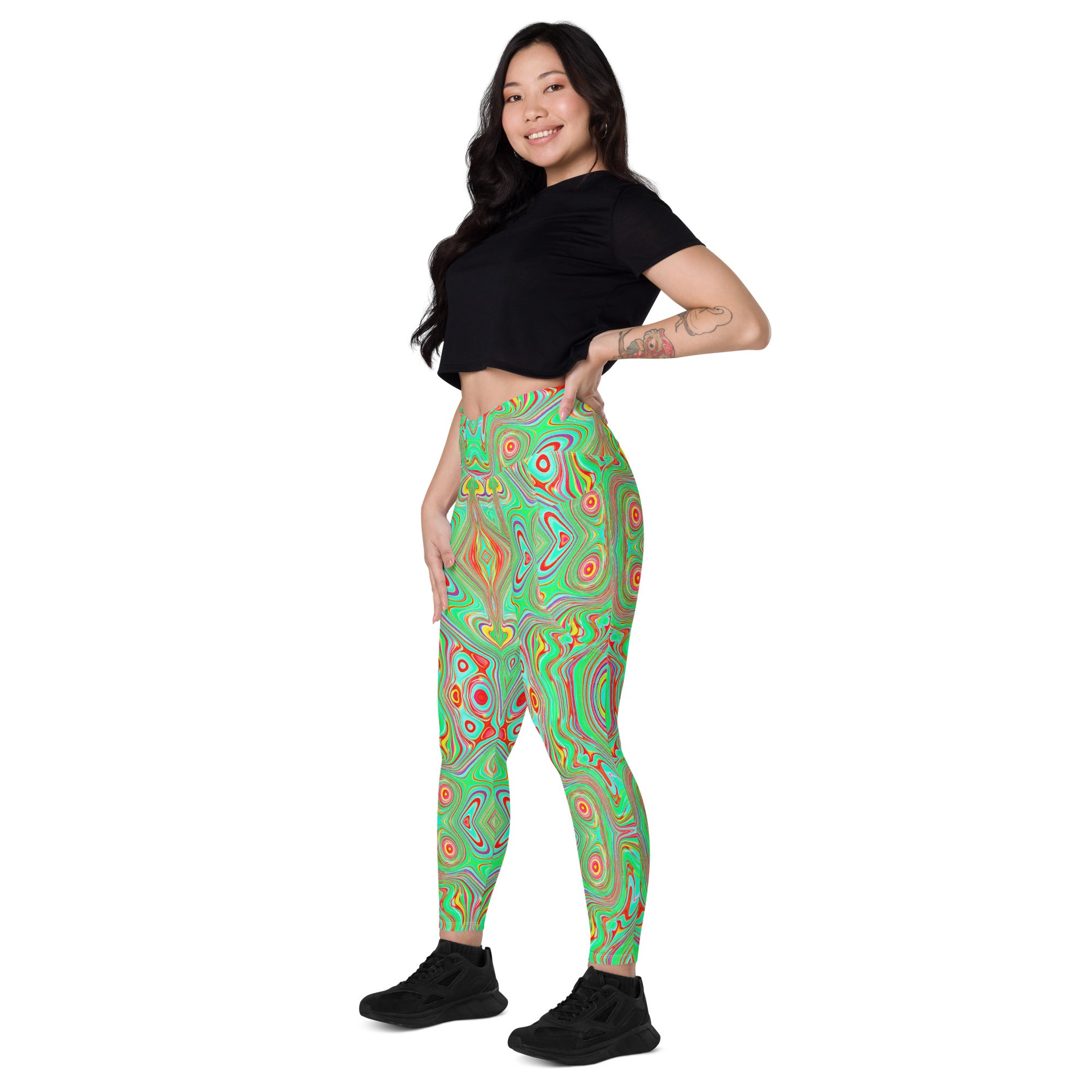 Crossover Leggings, Trippy Retro Orange and Lime Green Abstract Pattern